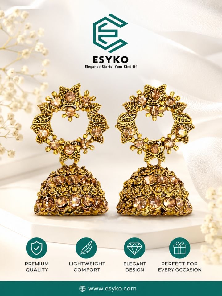 Gold Plated Oxidized Jhumka Earrings Set 14 Gold Plated Oxidized Jhumka Earrings Set | Ethnic Party Wear Stone Jhumki Earrings