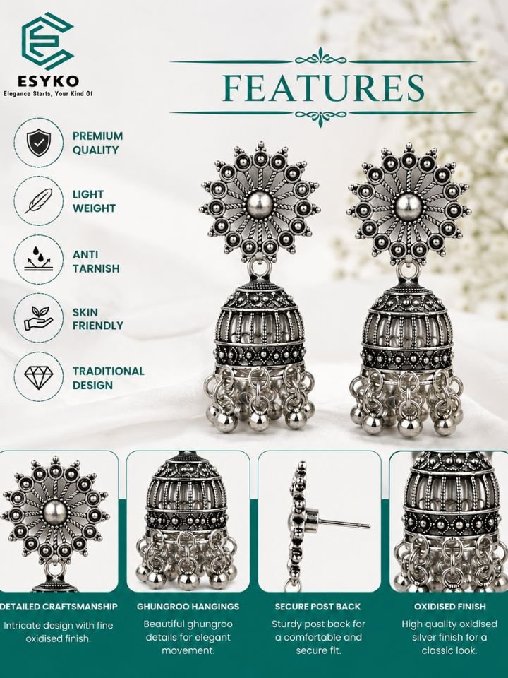 Oxidised Silver Jhumka Earrings for Women | Ethnic Dangler Earrings
