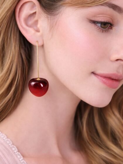 Esyko Cherry Drop Earrings for Women & Girls | Long Gold Bar Dangle Earrings | Red Cherry Pearl Stylish Party Wear Earrings