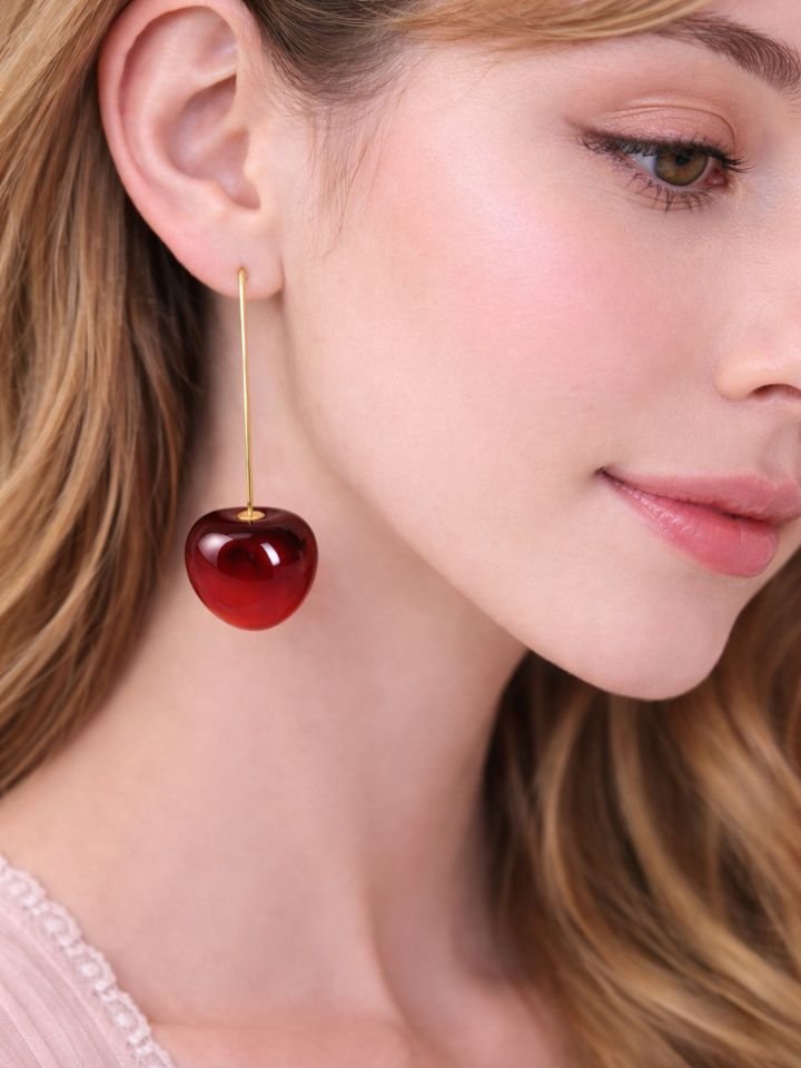 Esyko Cherry Drop Earrings for Women & Girls | Long Gold Bar Dangle Earrings | Red Cherry Pearl Stylish Party Wear Earrings