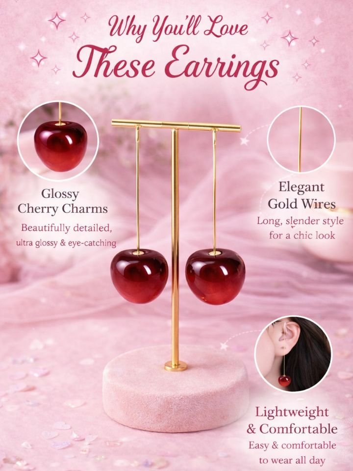 Esyko Cherry Drop Earrings for Women & Girls | Long Gold Bar Dangle Earrings | Red Cherry Pearl Stylish Party Wear Earrings
