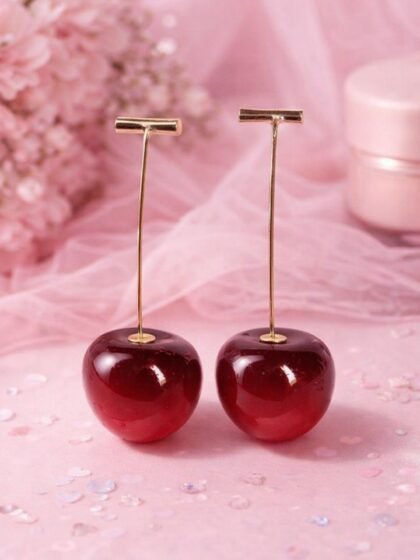 Esyko Cherry Drop Earrings for Women & Girls | Long Gold Bar Dangle Earrings | Red Cherry Pearl Stylish Party Wear Earrings