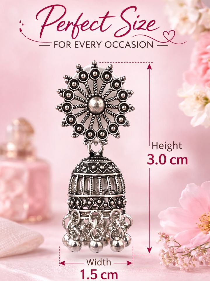 oxidised silver jhumka earrings for women 3 Esyko Oxidised Silver Jhumka Earrings for Women | Traditional Ethnic Jhumki Earrings