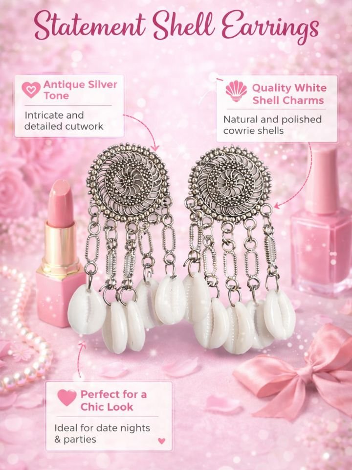 Esyko Oxidised Silver Shell Drop Earrings | Ethnic Party Wear Earrings Esyko Women Oxidised Silver Shell Drop Earrings