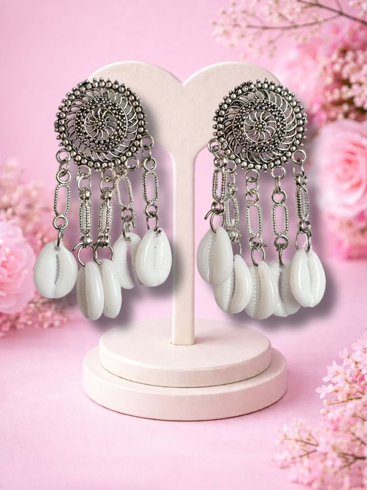 Shell Drop Earrings for Women | Ethnic Dangler Earrings Esyko Women Oxidised Silver Shell Drop Earrings