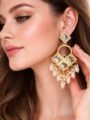 Gold Plated Kundan Earrings for Women | Party Wear Ethnic Dangler Earrings Stylish Gold Plated Kundan Pearl Drop Earrings for Women | Party Wear Ethnic Dangler Earrings