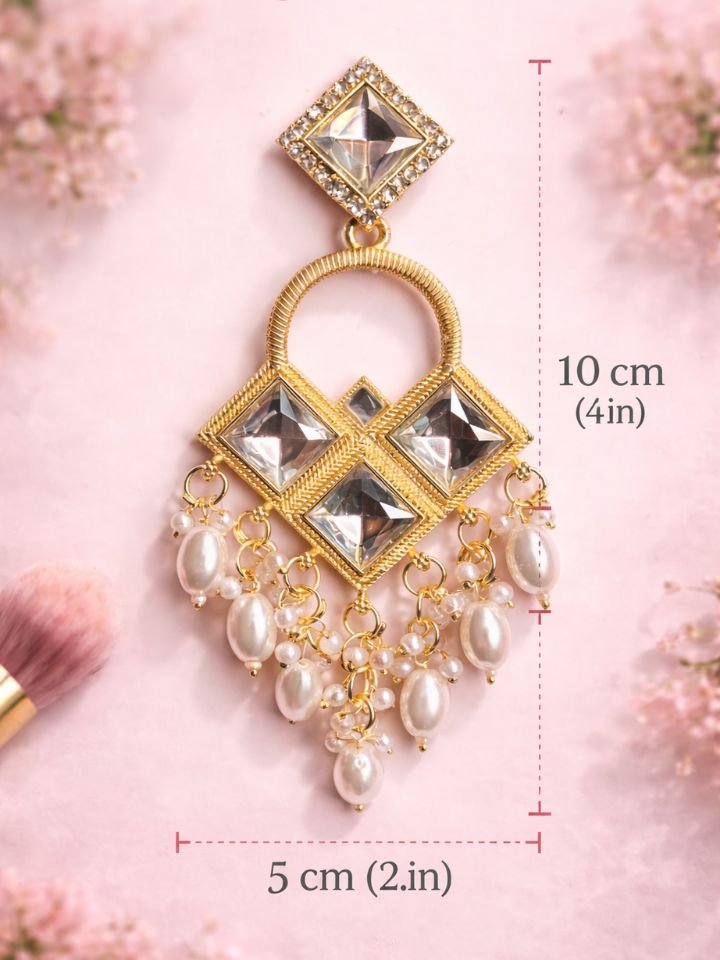 Esyko Women Gold Plated Stone & Pearl Ethnic Dangler Earrings Stylish Gold Plated Kundan Pearl Drop Earrings for Women | Party Wear Ethnic Dangler Earrings