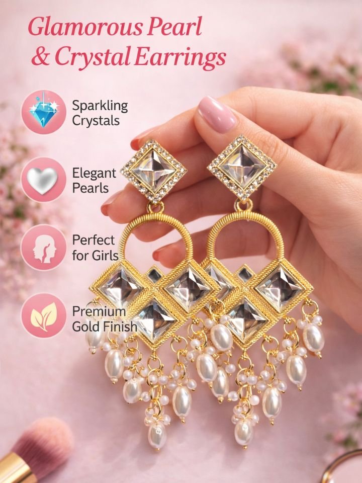 Esyko gold plated kundan earrings for women 4 Stylish Gold Plated Kundan Pearl Drop Earrings for Women | Party Wear Ethnic Dangler Earrings