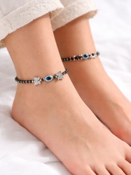Stylish Evil Eye Anklet Combo for Women & Girls | Pack of 2 Silver Chain Anklets | Adjustable & Trendy Design