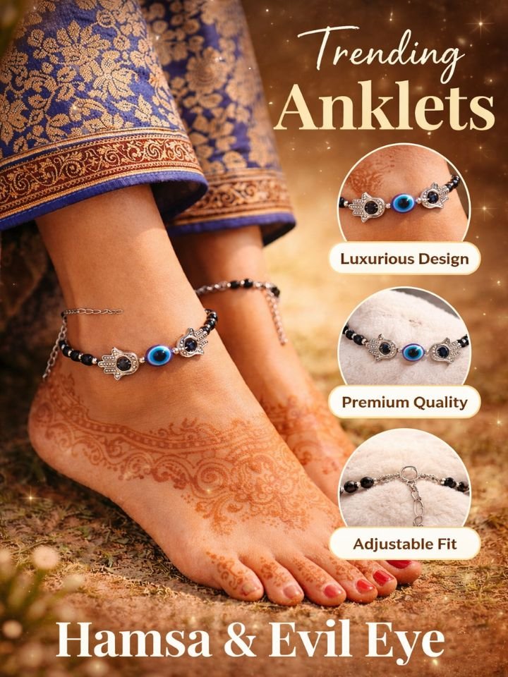 Evil Eye Anklet Combo 3 Stylish Evil Eye Anklet Combo for Women & Girls | Pack of 2 Silver Chain Anklets | Adjustable & Trendy Design