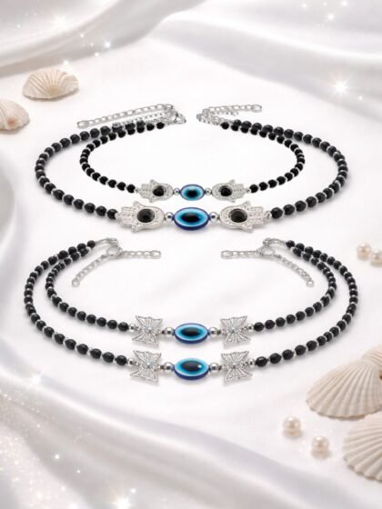Stylish Evil Eye Anklet Combo for Women & Girls | Pack of 2 Silver Chain Anklets | Adjustable & Trendy Design
