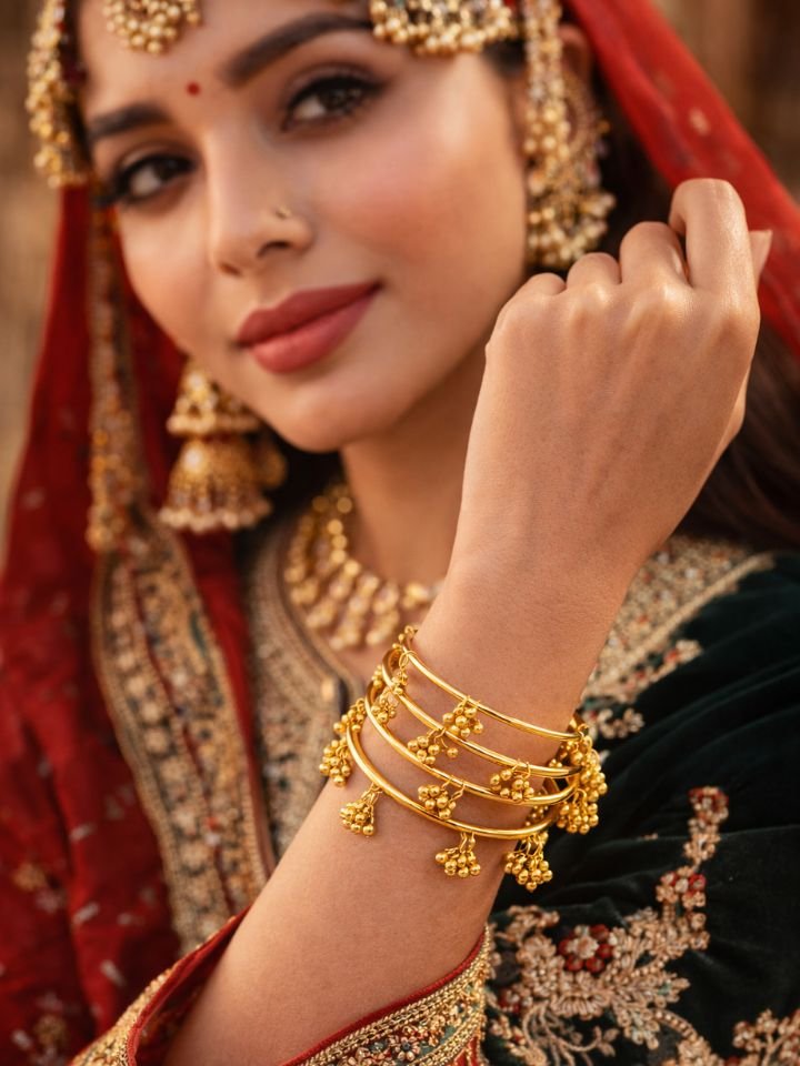 Gold Kashmiri Bangles 3 Gold Kashmiri Bangles Set for Women (Pack of 8) Alloy Gold Plated Ghungroo Design Bangles Set