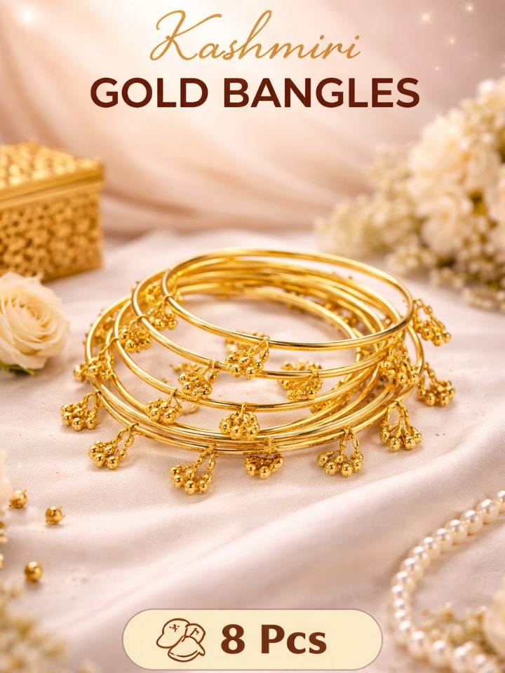 Gold Kashmiri Bangles 4 Gold Kashmiri Bangles Set for Women (Pack of 8) Alloy Gold Plated Ghungroo Design Bangles Set