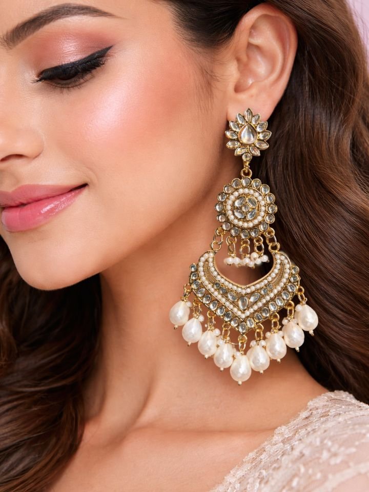 Stylish Gold Chandbali Earrings for Women | Traditional Wedding Jhumka | Heavy Long Earrings with Pearl Drops