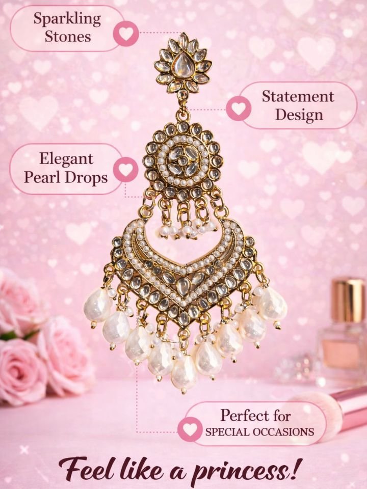 Stylish Gold Chandbali Earrings for Women | Traditional Wedding Jhumka | Heavy Long Earrings with Pearl Drops