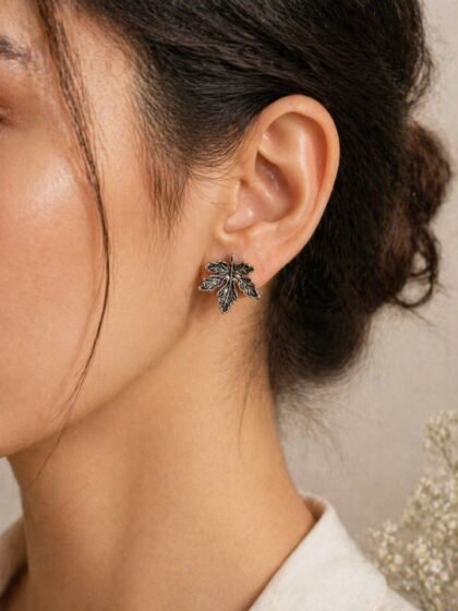 Leaf Design Stud Earrings for Women, Oxidised Antique Silver Leaf Shape Earrings, Unique Stylish Studs for Girls & Women