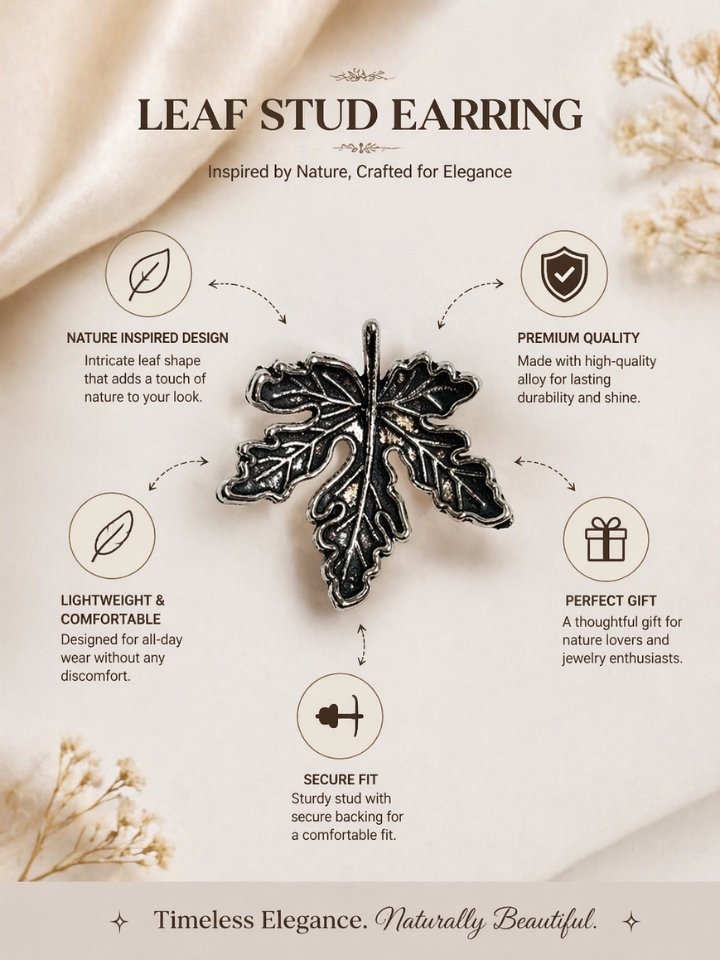 Leaf Design Stud Earrings for Women, Oxidised Antique Silver Leaf Shape Earrings, Unique Stylish Studs for Girls & Women