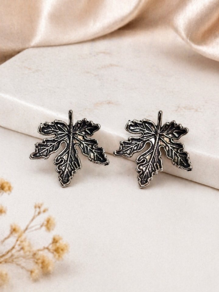 Leaf Design Stud Earrings for Women, Oxidised Antique Silver Leaf Shape Earrings, Unique Stylish Studs for Girls & Women
