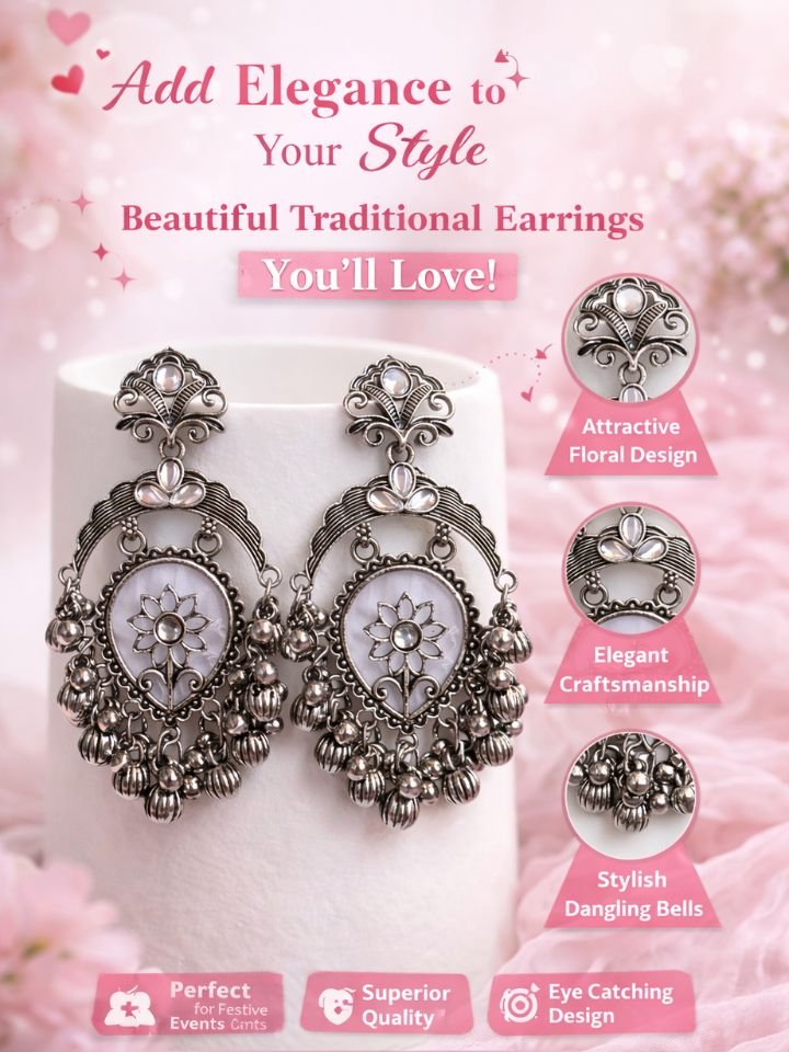 Oxidised Silver Dangler Earrings for Women | Floral Design Pearl Drop Ethnic Earrings | Traditional Jhumka Style Party Wear Jewellery