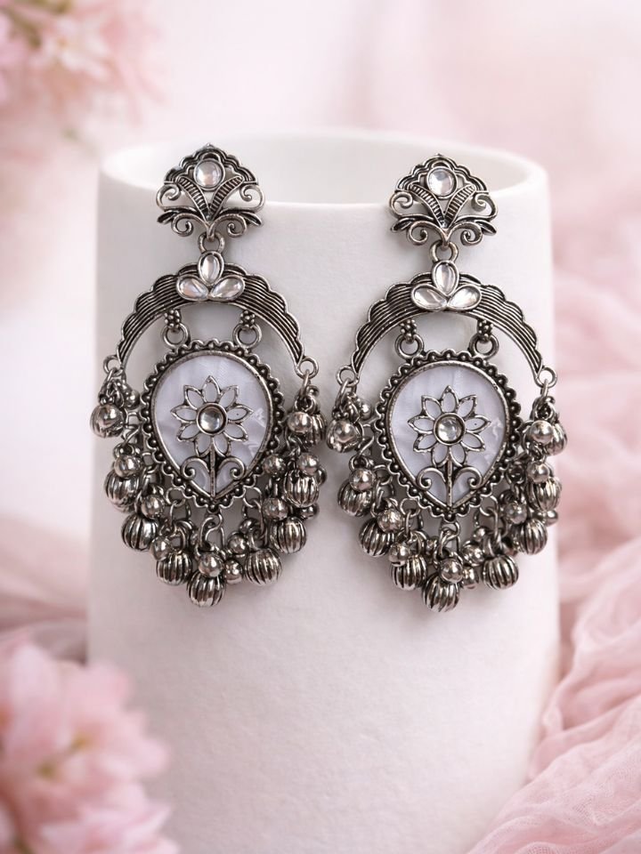 Oxidised Silver Dangler Earrings for Women | Floral Design Pearl Drop Ethnic Earrings | Traditional Jhumka Style Party Wear Jewellery