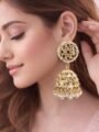 Esyko Gold Plated White Stone Jhumka Earrings for Women | White Stone Alloy Jhumki Earrings | Traditional Ethnic Drop Earrings for Girls & Women