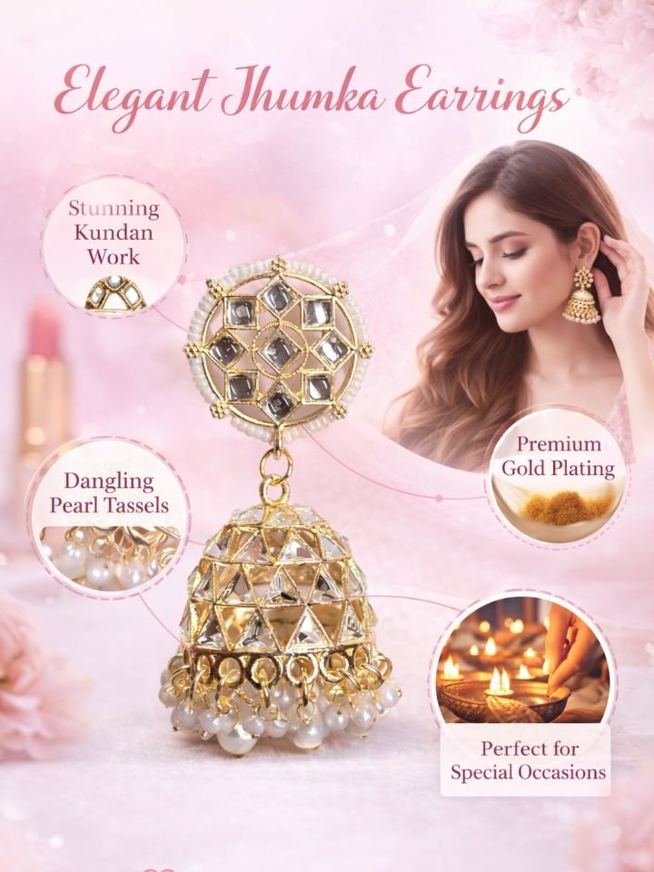 Esyko Gold Plated White Stone Jhumka Earrings for Women | White Stone Alloy Jhumki Earrings | Traditional Ethnic Drop Earrings for Girls & Women