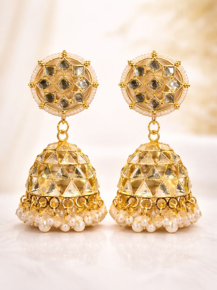 Esyko Gold Plated White Stone Jhumka Earrings for Women | White Stone Alloy Jhumki Earrings | Traditional Ethnic Drop Earrings for Girls & Women