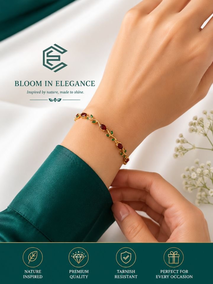 Tulip Bracelet for Women Gold Plated | Floral Leaf Crystal Stone Bracelet for Girls & Women Tulip Bracelet for Women | Gold Plated Crystal Floral Bracelet | Adjustable Leaf and Floral Stone Bracelet for Girls & Women | Anti Tarnish Daily Wear Jewellery Gift