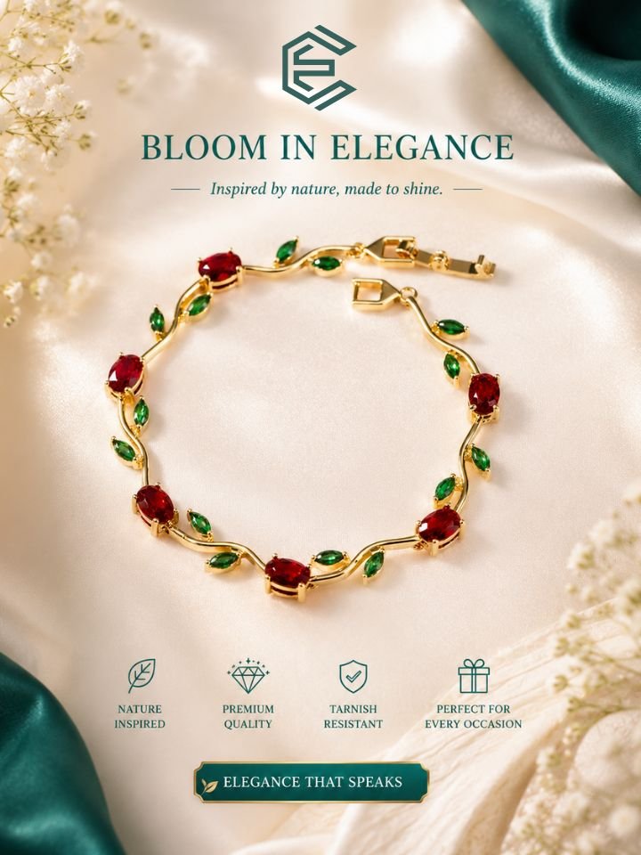 Tulip Bracelet for Women Gold Plated | Floral Leaf Crystal Stone Bracelet for Girls & Women Tulip Bracelet for Women | Gold Plated Crystal Floral Bracelet | Adjustable Leaf and Floral Stone Bracelet for Girls & Women | Anti Tarnish Daily Wear Jewellery Gift