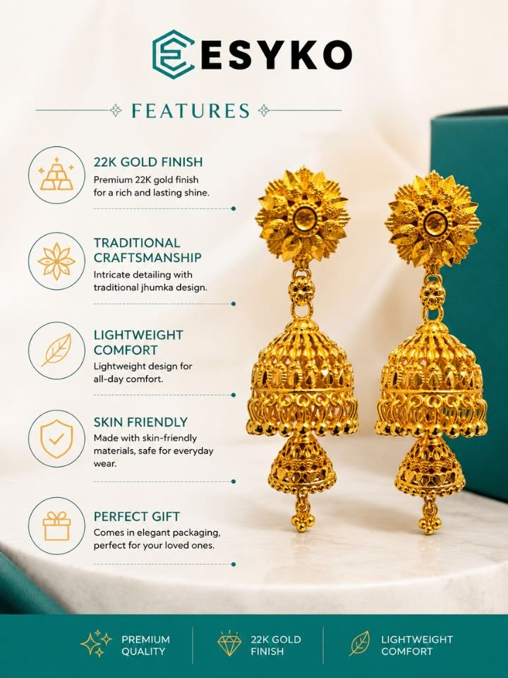 Gold Plated Jhumka Earrings for Women | Temple Style Brass Jhumki