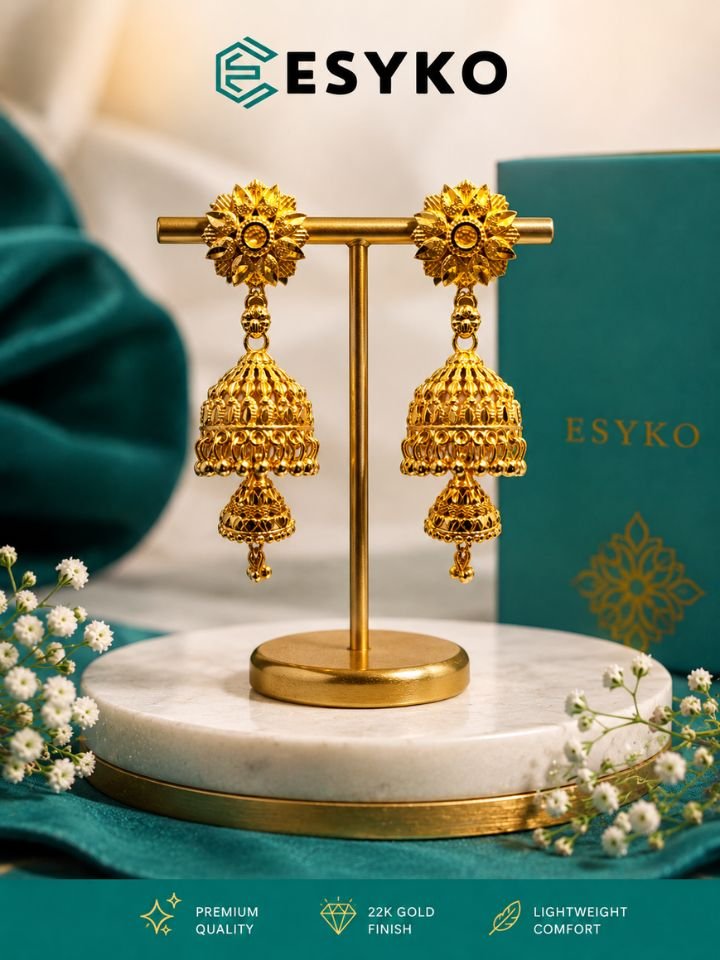 Gold Plated Jhumka Earrings for Women | Temple Style Brass Jhumki
