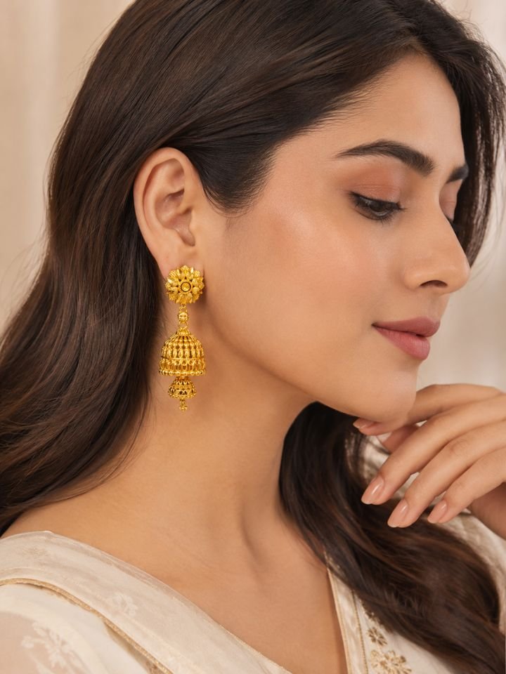 Gold Plated Jhumka Earrings for Women | Temple Style Brass Jhumki