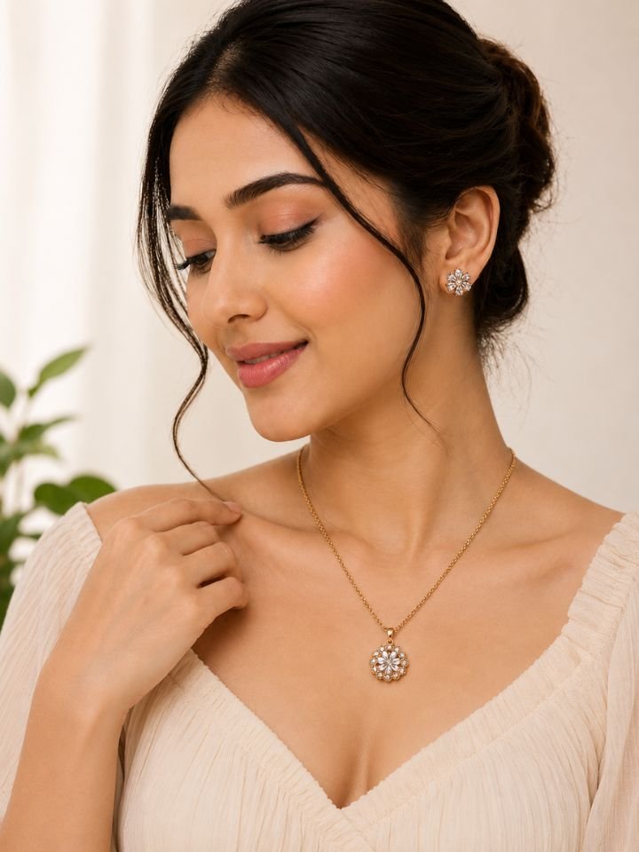 Gold Plated Floral Design Pendant Necklace Set with Matching Earrings