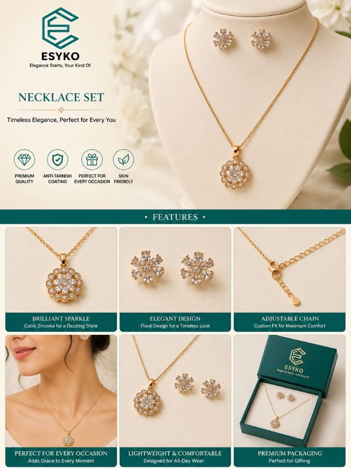 Gold Plated Floral Design Pendant Necklace Set with Matching Earrings