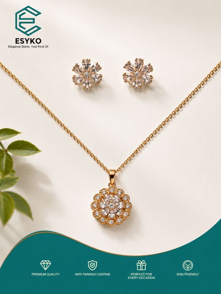 Gold Plated Floral Design Pendant Necklace Set with Matching Earrings