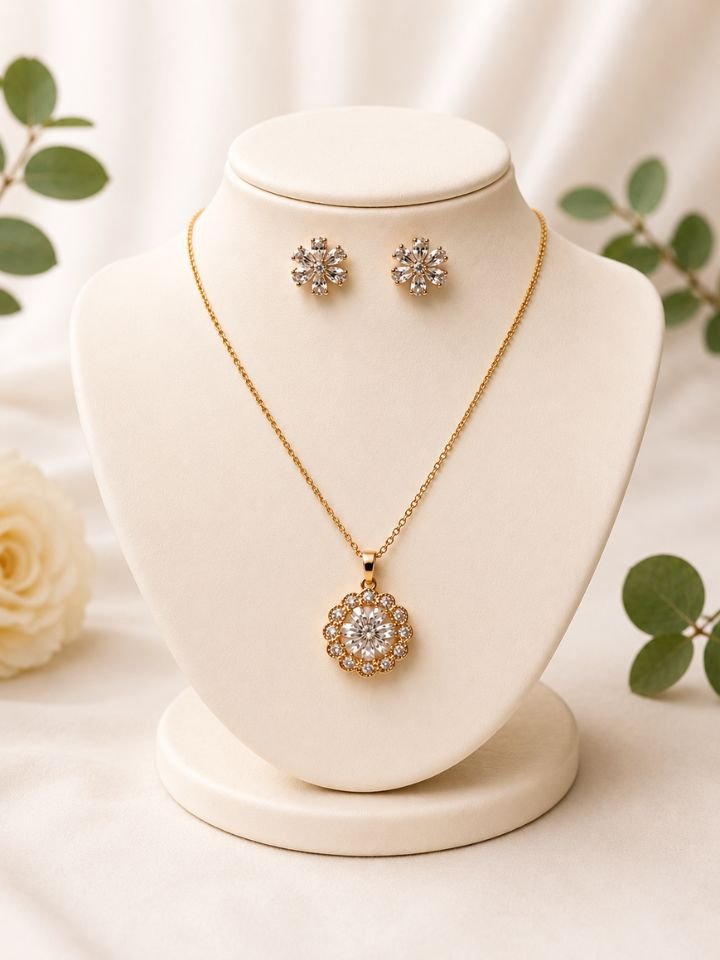 Gold Plated Floral Design Pendant Necklace Set with Matching Earrings