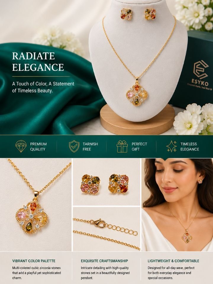 Gold Plated Necklace Set with Earrings for Women, Multicolor Stone Pendant Necklace Set