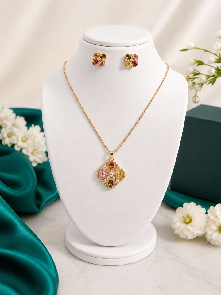 Stylish Gold Plated Necklace Set for Women with Earrings