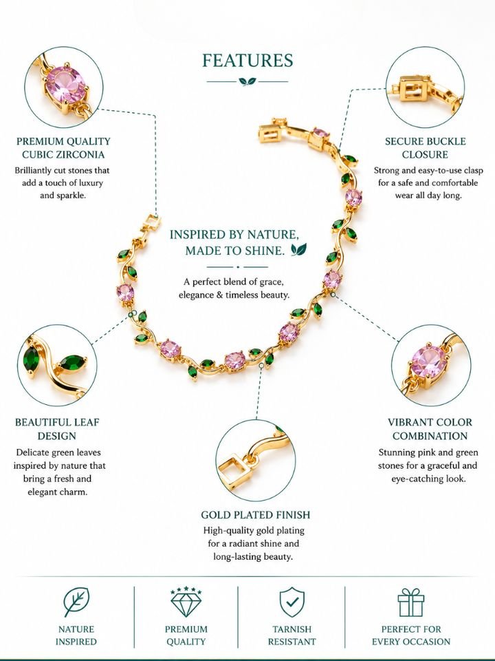Pink Tulip Bracelet for Women | Korean Trendy Gold Plated Bracelet | Adjustable Anti Tarnish Hand Bracelet for Girls Tulip Bracelet for Women Korean Style | Gold Plated Crystal Floral Bracelet | Adjustable Anti Tarnish Hand Bracelet for Women & Girls Daily Wear