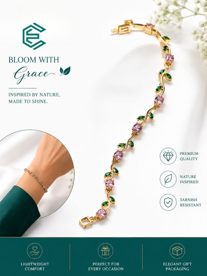 Pink Tulip Bracelet for Women – Korean Trendy Gold Plated Anti Tarnish Bracelet Tulip Bracelet for Women Korean Style | Gold Plated Crystal Floral Bracelet | Adjustable Anti Tarnish Hand Bracelet for Women & Girls Daily Wear