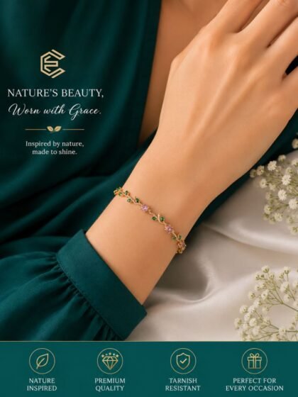 Tulip Bracelet for Women Korean Style | Gold Plated Crystal Floral Bracelet | Adjustable Anti Tarnish Hand Bracelet for Women & Girls Daily Wear