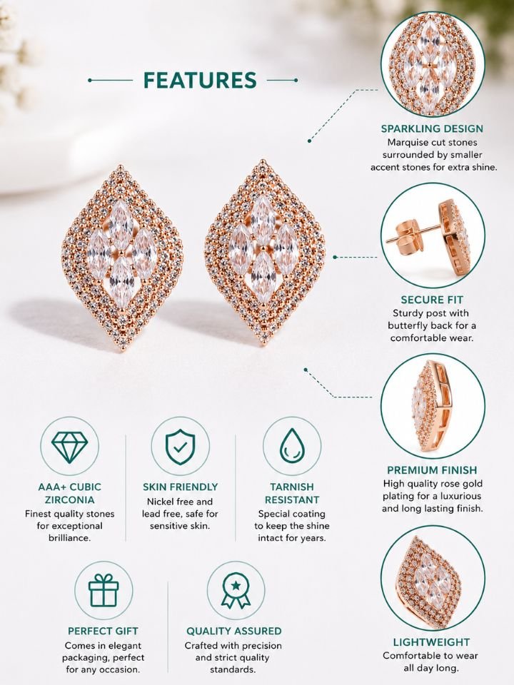 Esyko Rose Gold Stud Earrings for Women | Stone Stud Earrings for Girls