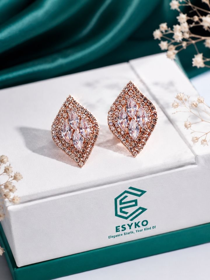 Esyko Rose Gold Stud Earrings for Women | Stone Stud Earrings for Girls