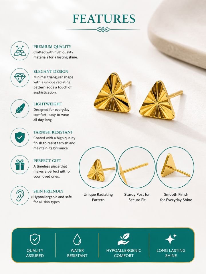 Gold Plated Stud Earrings for Women | Small Daily Wear Earrings | Triangle Shape Designer Earrings for Girls | 1 Pair