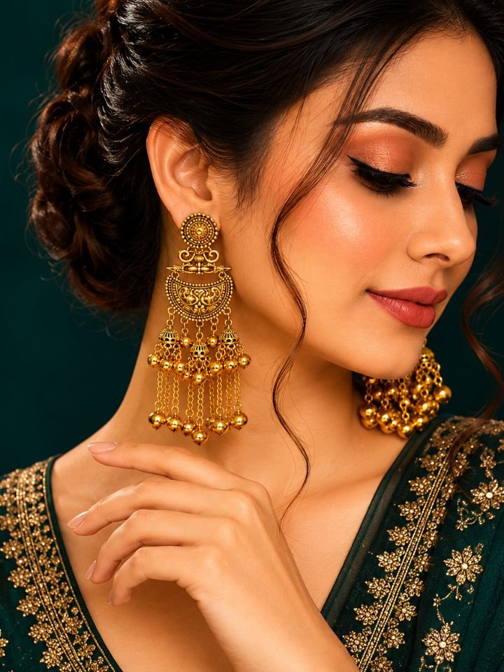 Antique Gold Kashmiri Chandbali Earrings 1 Esyko Antique Gold Kashmiri Chandbali Earrings for Women | Long Chain Ghungroo Kashmiri Earrings