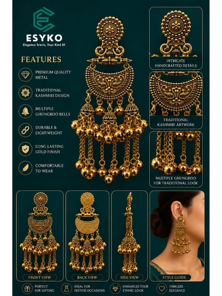 Antique Gold Kashmiri Chandbali Earrings 2 Esyko Antique Gold Kashmiri Chandbali Earrings for Women | Long Chain Ghungroo Kashmiri Earrings