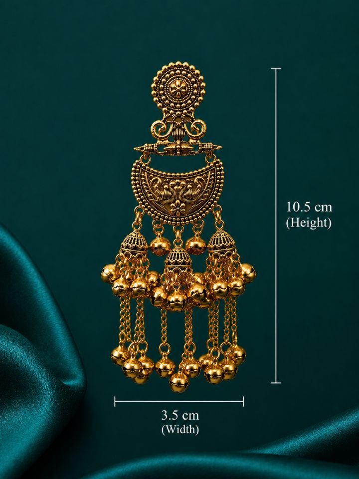 Antique Gold Kashmiri Chandbali Earrings 3 Esyko Antique Gold Kashmiri Chandbali Earrings for Women | Long Chain Ghungroo Kashmiri Earrings