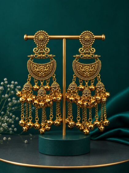 Esyko Antique Gold Kashmiri Chandbali Earrings for Women | Long Chain Ghungroo Kashmiri Earrings
