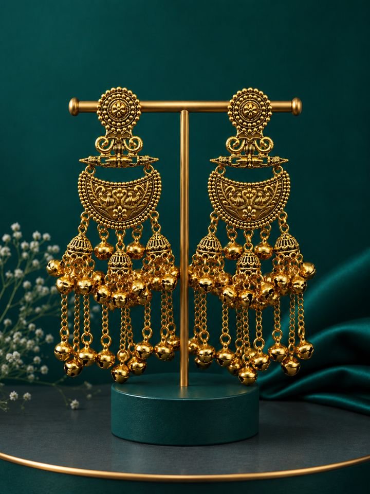 Antique Gold Kashmiri Chandbali Earrings for Women | Long Ghungroo Kashmiri Earrings Esyko Antique Gold Kashmiri Chandbali Earrings for Women | Long Chain Ghungroo Kashmiri Earrings