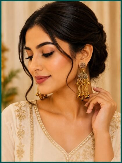 Esyko Gold Plated Kashmiri Dome Jhumka Earrings with Long Chain Ghungroo Tassels